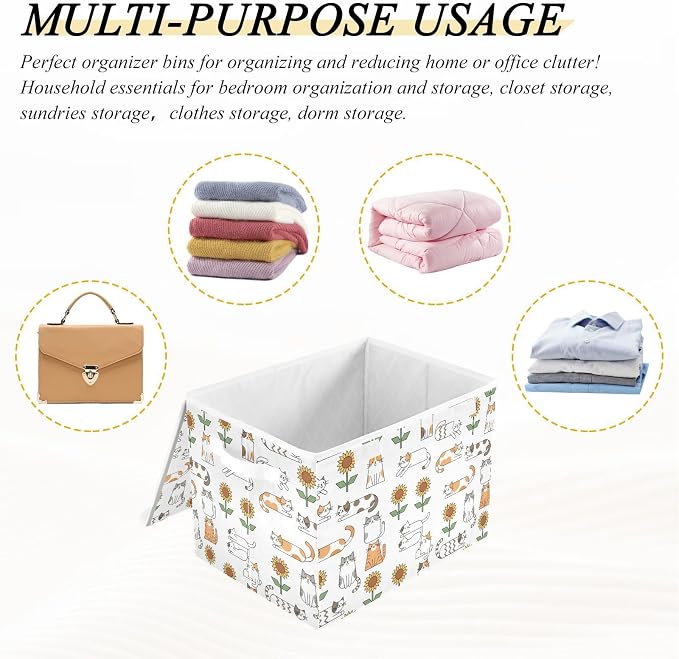 Cat Sunflower Fabric Storage Bins with Lid Foldable Storage Boxes Baskets | Decorative Storage Boxes, Dust-Proof Flip Top, Reinforced Handles, For Home & Bedroom, Clothes & Toy Box, Oxford Fabric Print