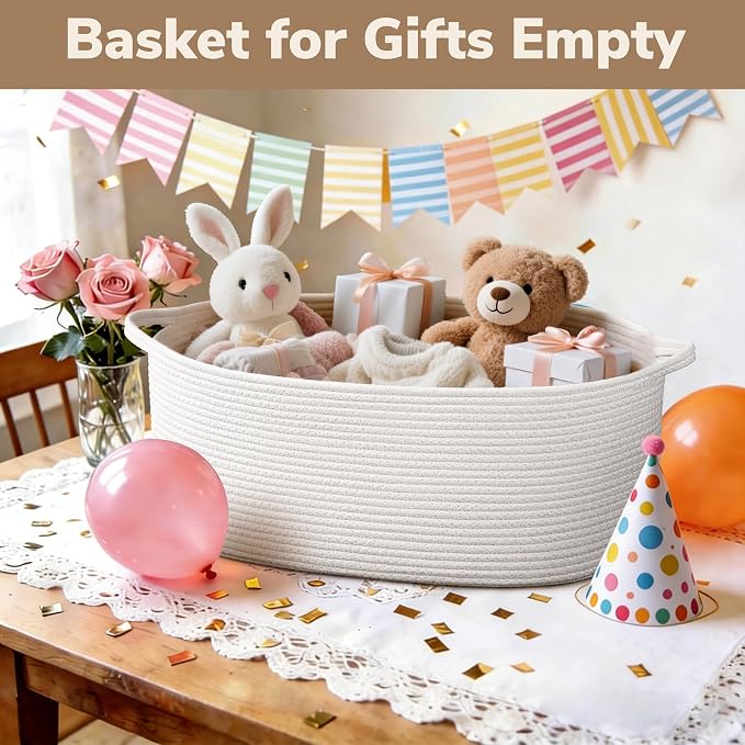 Goodpick Large Woven Rope Basket for Gifts Empty, 19.7"x 11"x 7.9", White | Storage Basket with Handles for Nursery Living Room, Perfect for Blankets, Pillows & Towels, Toys Storage