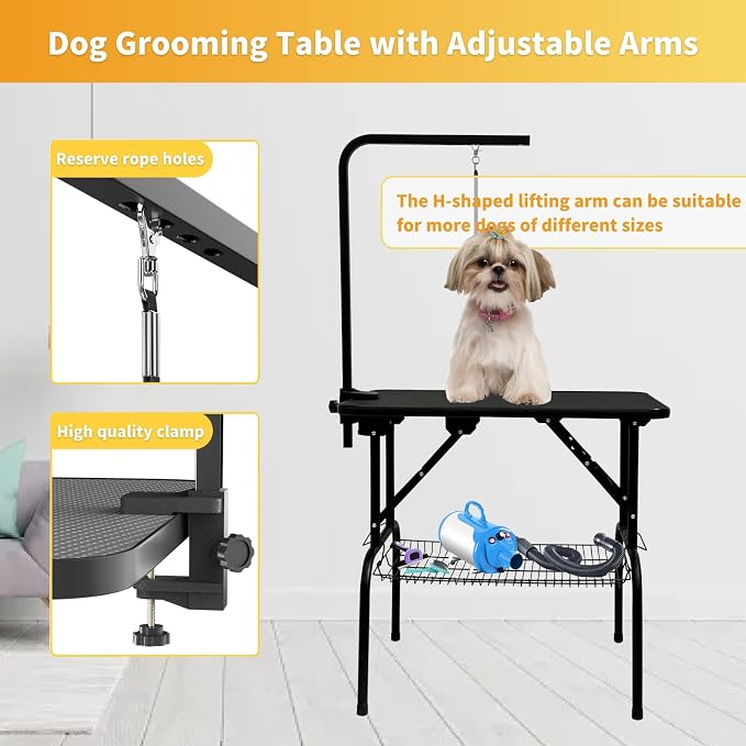 Baohe-32 Inch Dog Grooming Table - Pet Grooming Table - Foldable, Adjustable Arm, Portable, Non-Slip Grooming Table for Dogs at Home - Black