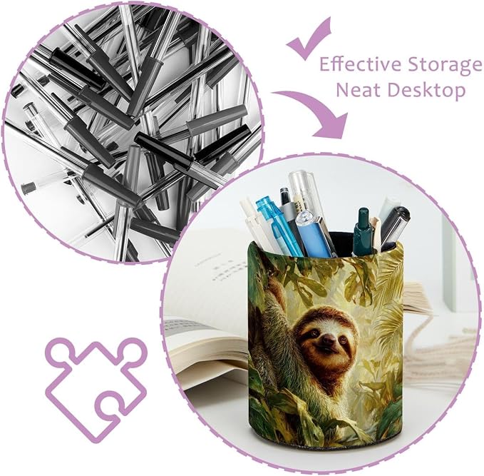 Faux Leather Pen Holder for Desk, Pencil Organizer Cute Sloth Pen Cup Desk Decor Makeup Brush Holder Storage for Office Home