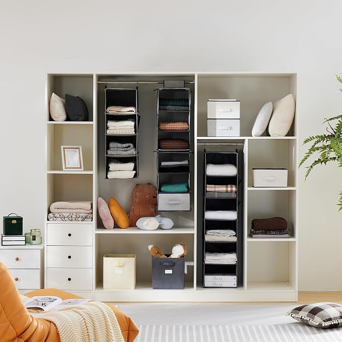 YOUDENOVA Hanging Closet Organizer and Storage for Clothes, 3-Shelf, Grey | Locker/RV/Camper Organizer, Side Pocket, Hanging Shelves for Small Closet, Dorm Room Essentials for Guys, Breathable Fabric