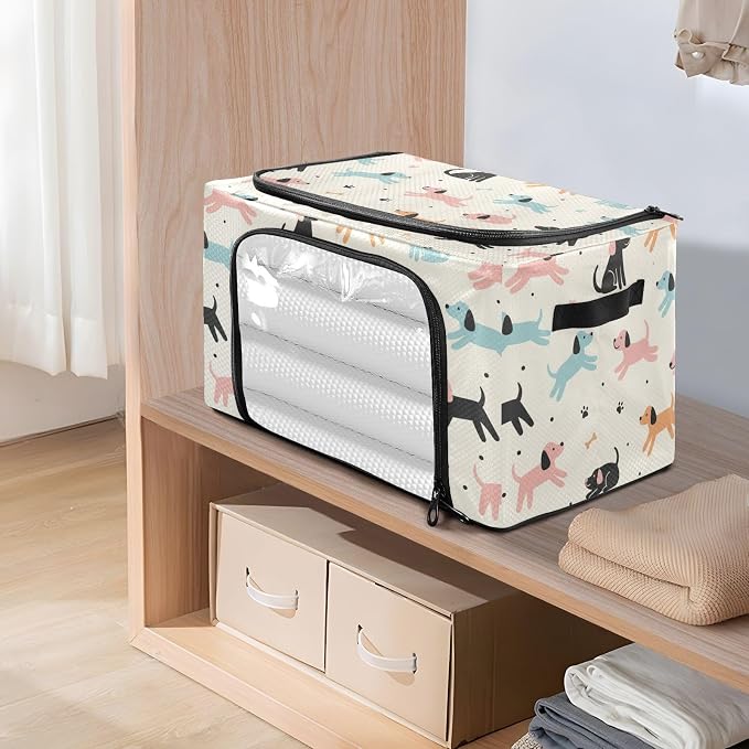 Cute Pets Dogs White print Under Bed Storage Containers with Double Zipper Openings, Foldable Clothes Storage Bins with Clear Window and Handles for Blankets Comforters Bedding