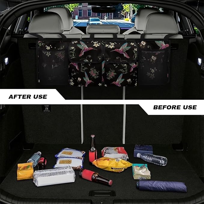 Dreaweet Stylish Hummingbird Flower Print Trunk Organizer for Car, SUV, Truck - 4 Pockets, 3 Adjustable Straps, Pink/Red