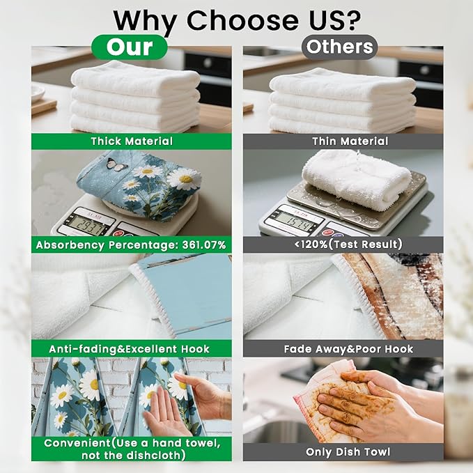 CUTHOLLOW Daisies Flowers Hanging Kitchen Towels with Loop, Set of 2 - Soft & Super Absorbent Microfiber Decorative Hanging Dish & Hand Towel, Tea, Coffee Towel for Kitchen Bathroom Oven Handle