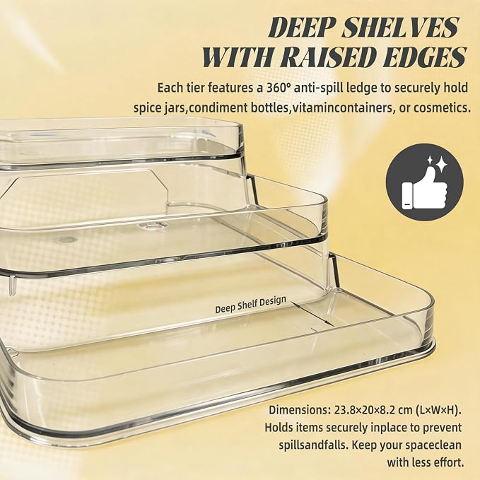 3-Tier Spice Rack, Clear PET Kitchen Storage | No assembly required, fits kitchen, bathroom, pantry, Holds spices, vitamins, cosmetics, BPA-free, space-saving