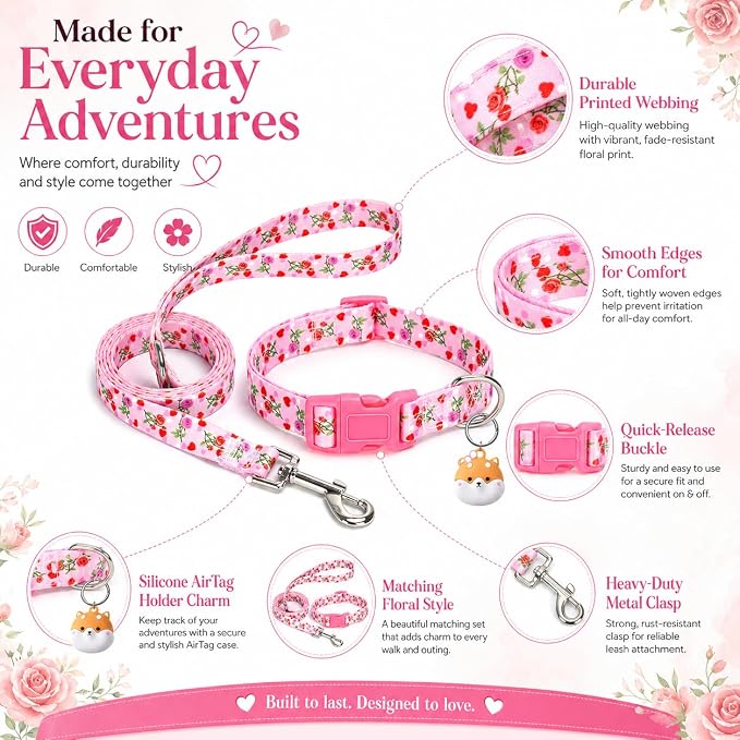 Floral Matching Dog Collar and Leash Set with AirTag Holder-Valentine's/M | Anti-Lost,Adjustable Durable Pet Collar Leash Combo for Medium Boy Girl Dogs,for Outdoor Walking Hiking Training Running