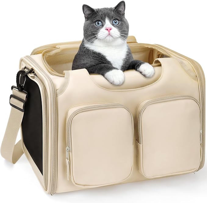 Dog Cat Carrier Airline Approved Collapsible Soft-Sided Pet Travel Bag | Pet Carrier Up to 12 lbs, Locking Zippers, Breathable Mesh, 4 Large Pockets, Removable Fleece Pad, Beige