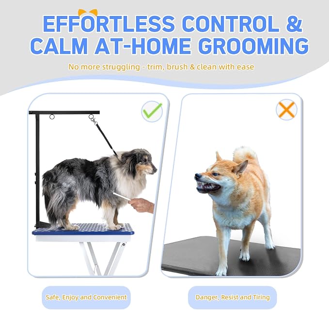 Dog Grooming Arm with Hammock, Height 27"-38", Size M, Blue | Foldable table arm with no-sit holder and restraint loops; ideal for small and medium pets at home or in salons.