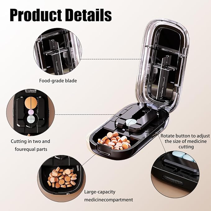 Pill Cutter Splitter for Small and Tiny Pills - Daily Pill Organizer with Professional Adjustable Cutter Splitter for Cutting Multiple Pills, Pill Case for Travel Purse Pocket (Black)