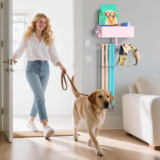 Dog Leash Holder for Wall, Dog Leash Hooks, Pet Stuff Organizer with Shelf Storage, Metal Key Holder, Leash Hangers Organizer Rack for Pet Collar, Toys, Treats, Poop Bag (Rose Gold)