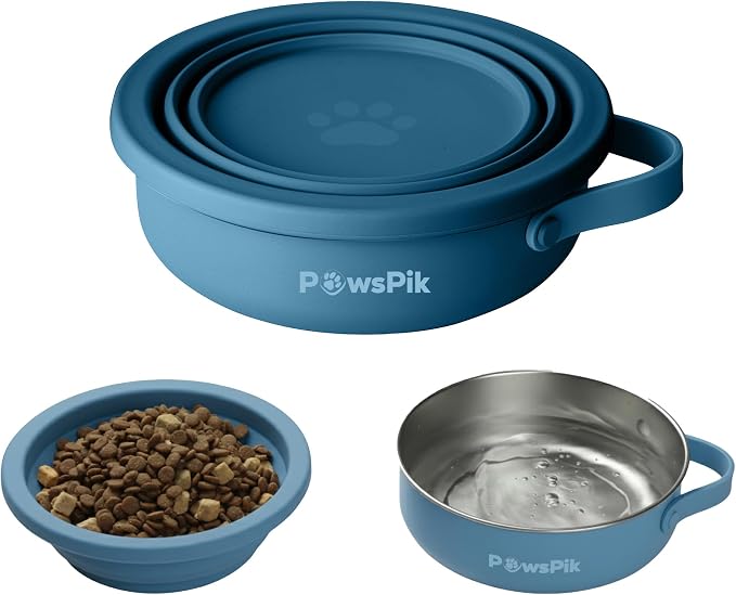 PawsPik 2-in-1 Travel Dog & Cat Bowl – Collapsible BPA-Free Silicone | 18/8 Stainless Steel, Portable & Non-Slip with Handle, Easy to Clean, Food & Water Bowl for On-the-Go Pets