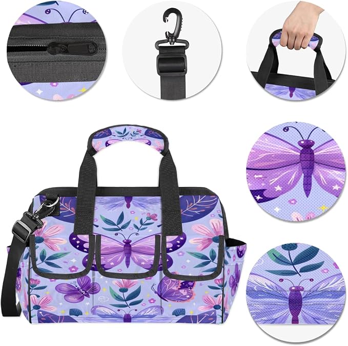Purple Butterfly Heavy Duty Tool Bag 14.8 Inch Butterflies Rustic Floral Portable Soft Tool Box Organizer Storage with Adjustable Shoulder Strap