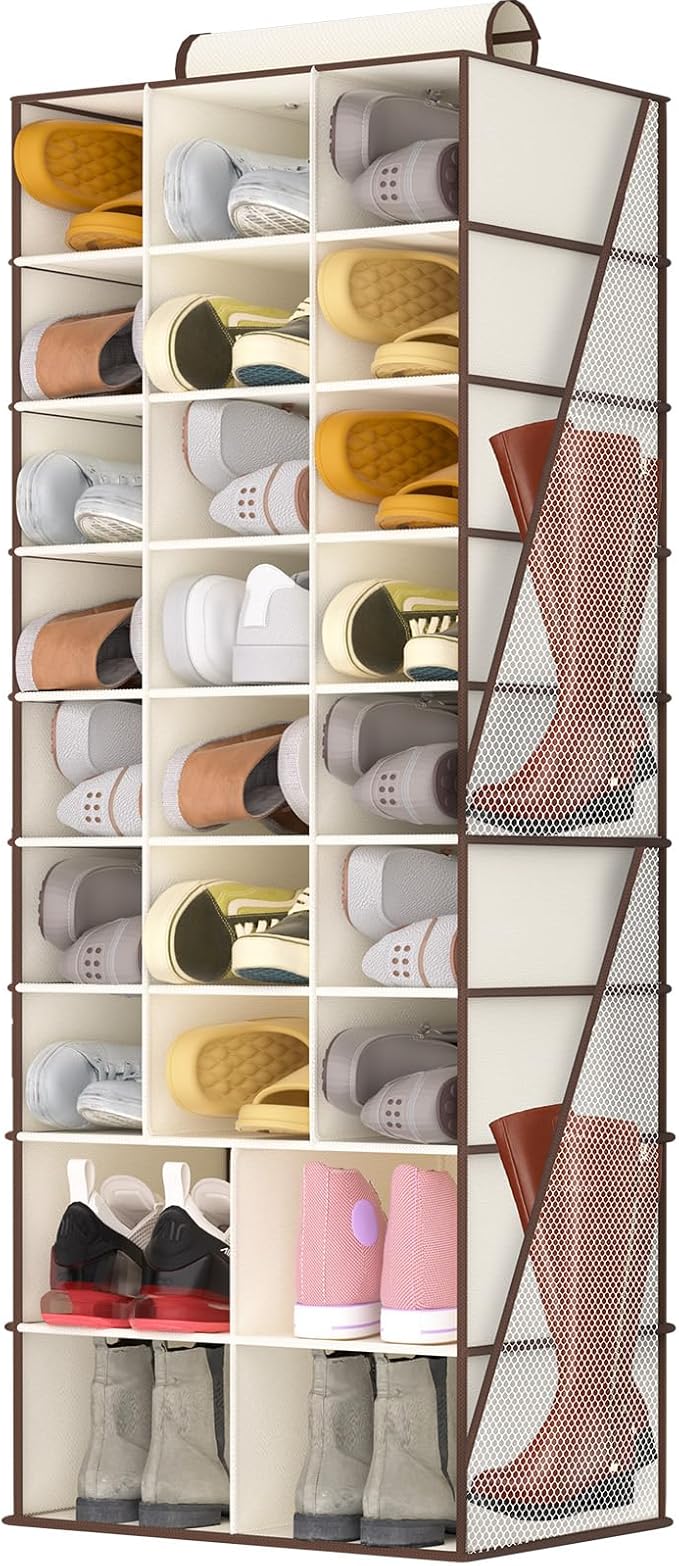 Hanging Shoe Organizer for Closet-Collapsible Storage Rack with 25 Sections & 4 Side Pockets, Hanging Shoe Shelves for Hats,and Clothes, Beige