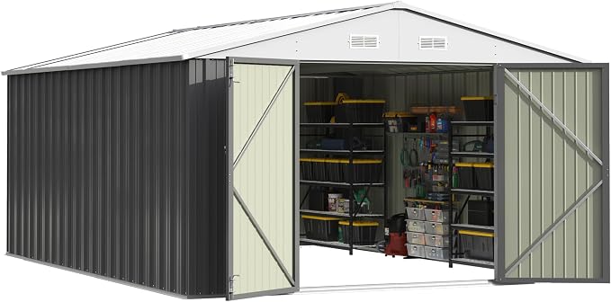 Patiowell 10x14 FT Outdoor Storage Shed, Grey | Garden Metal Shed, Lockable Doors, Sloping Roof, Large Outside Utility Tool Sheds For Backyard Garden Patio