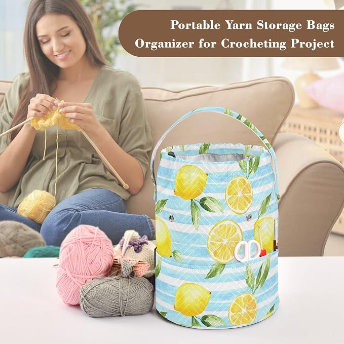 Fustylead Watercolor Lemon on Light Blue Striped Yarn Storage Bag and Knitting Crochet Tote, Large Yarn Drawstring Basket for Crocheting Kit, Project, Sewing Supplies, Needles