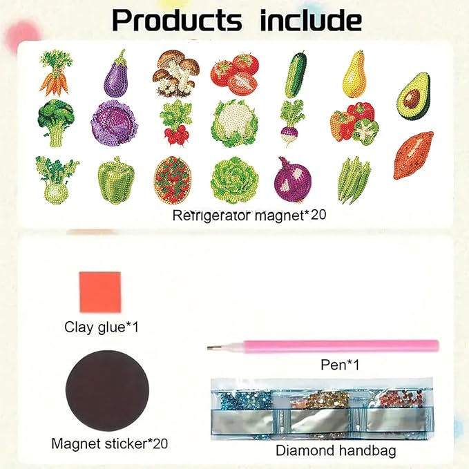 20 Pcs Vegetable 2D/Flat Acrylic DIY Diamond Painting Magnets for Fridge | Fridge Magnets 20 Pieces Kit with Patterned Acrylic DIY Diamond Painting Magnets for Adults & Beginners
