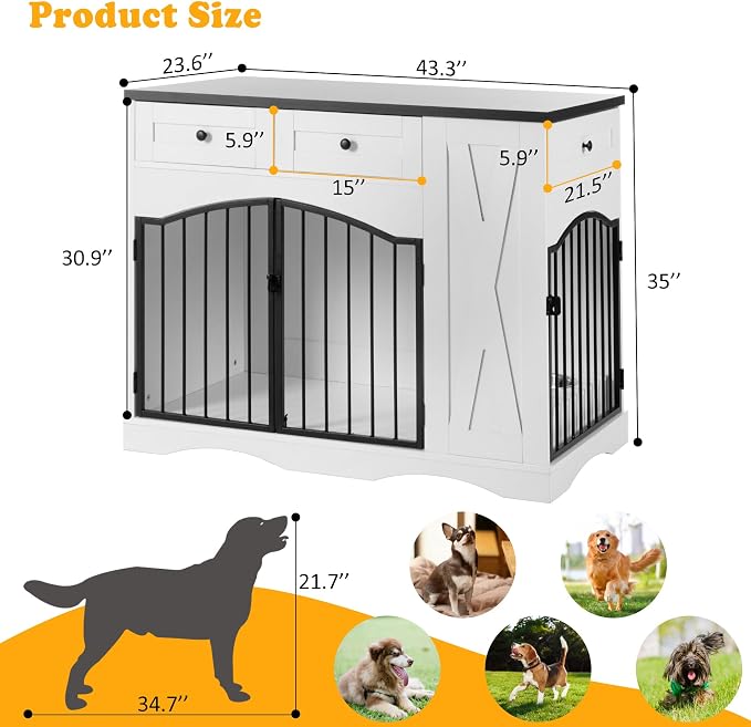 43.3" Farmhouse Dog Crate, Furniture Style Dog Cage with 3 Drawers, Removable Feeder and 2 Bowls, Wooden Heavy Duty Dogs Crates End Table for Medium Large Dogs, White+Black