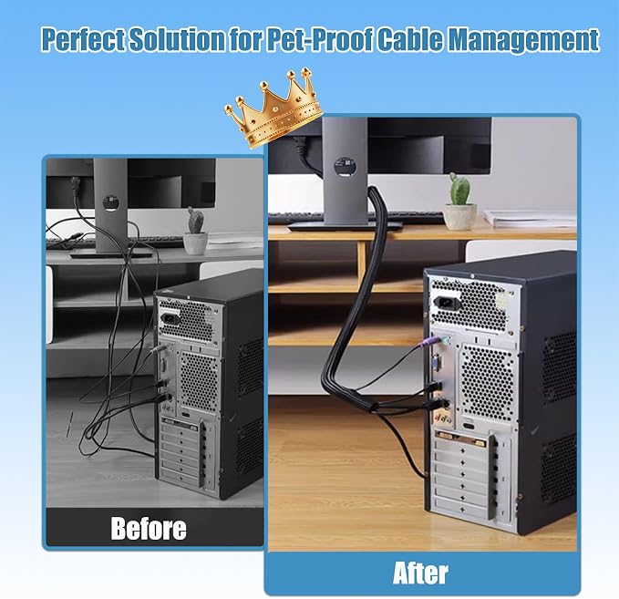 Cord Protectors from Pets No Chew, 1/4 inch 10ft Wire Protector Cord Covers for Pets, Flexible Cable Sleeve Cord Management for TV/Computer/Electric Wires/Phone Charging Cables