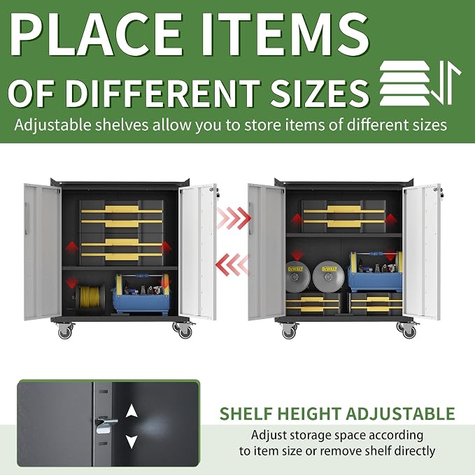 Garage Tool Storage Cabinet with Wheels & 2 Lockable Doors,Gray | Heavy Duty Steel Rolling Chests & Cabinets,Mobile Storage Cabinet for Basement,Workshop,Assembly Required