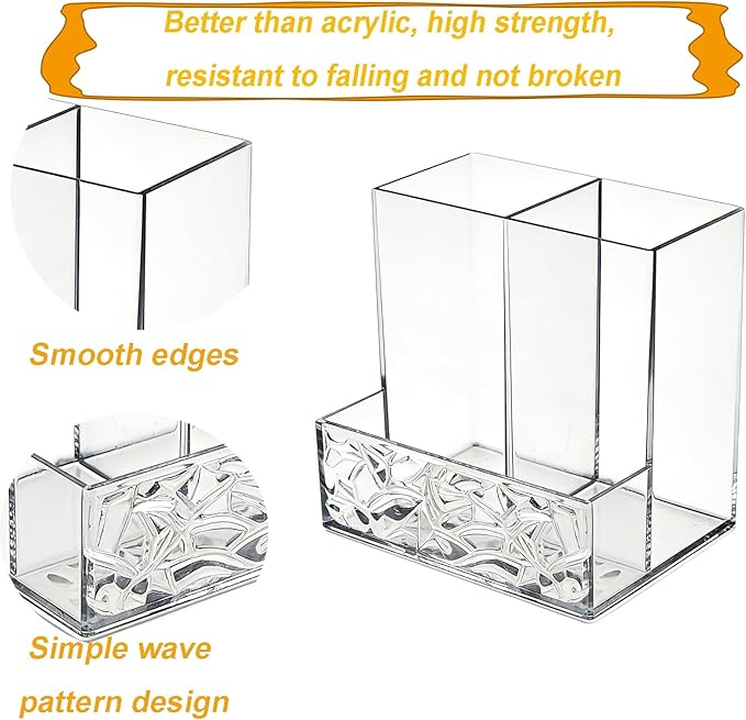 2 Pack Clear PET Pen Holder, 3 Compartment Desk Organizer, Shatter-Resistant, Stronger Than Acrylic, for Office Home School Bathroom Makeup