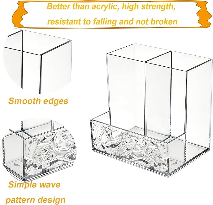 Clear PET Pen Holder, 3 Compartment Desk Organizer, Shatter-Resistant, Stronger Than Acrylic, for Office Home School Bathroom Makeup
