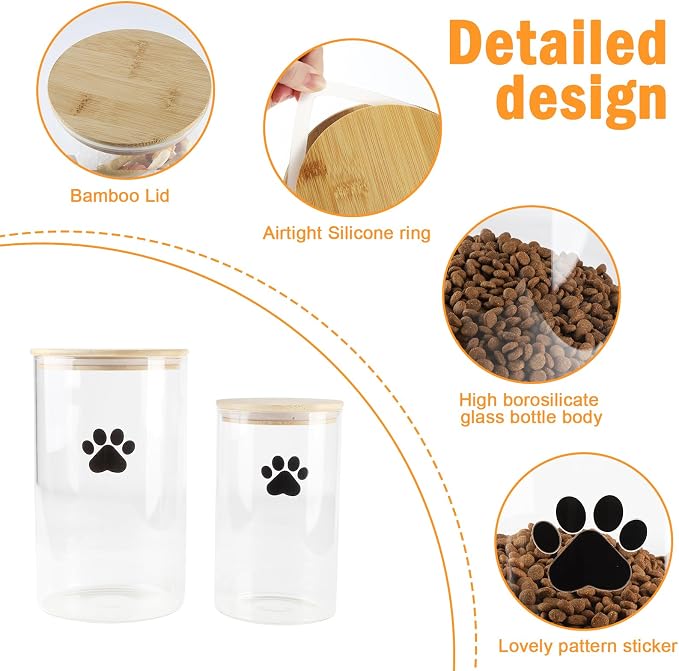 Glass Dog Treat Jars Set of 2,135oz+68oz Round Dog Cat Food Container with Bamboo Lids,Airtight Cat Treat Jar, Puppy Food Cookie Jar-Keep Fresh Crispy