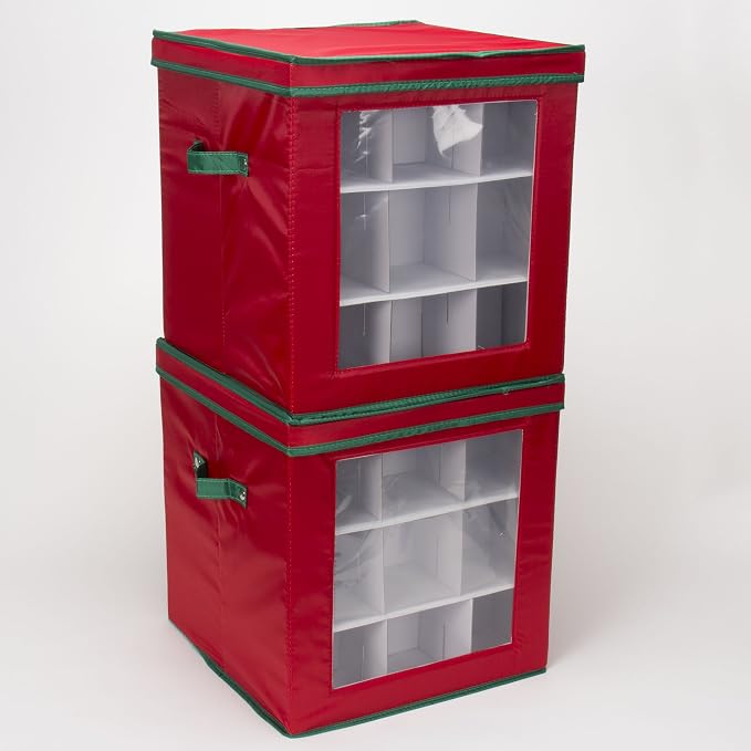 Household Essentials 27‑Piece Ornament Storage Box with Clear Front Panel and Adjustable Dividers, Red and Green