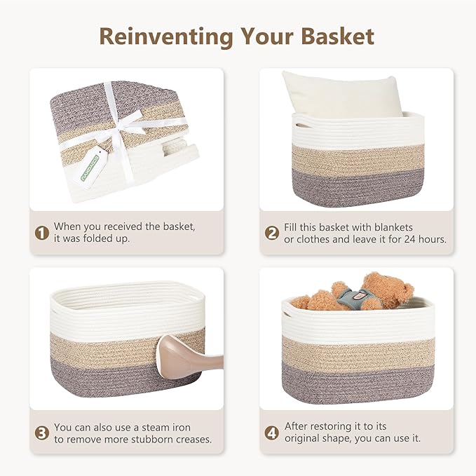 ECDYQXVU 15x10x9 Inch Woven Cotton Rope Storage Basket, 3 Pack | Foldable Design, Built-in Handles, Space-saving Organizer for Living Room, Bedroom, Laundry, Shelves, Clothes, Towels