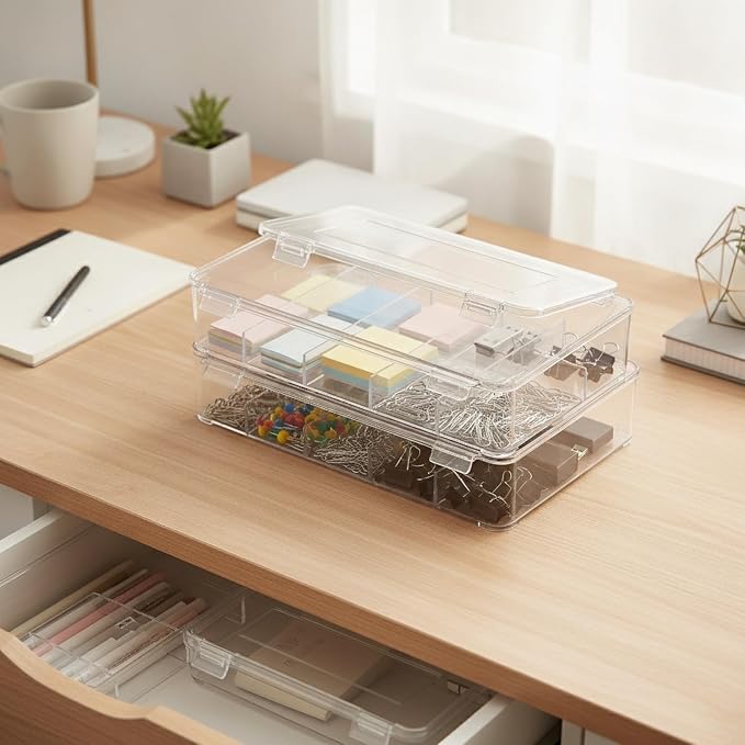 Stackable Storage Box with Compartments, Clear PET Plastic Organizer for Desk and Drawer, Dustproof Flip-Top Lid (1 PC)