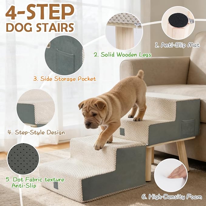 4-Step Ottoman Dog Stairs,2-in-1 Foldable Dog Ramp for Bed | for Small Dogs and Cats, High-Density Foam & Wood Support, Side Storage Pocket, Foldable, 170 lbs, Machine Washable, Grey