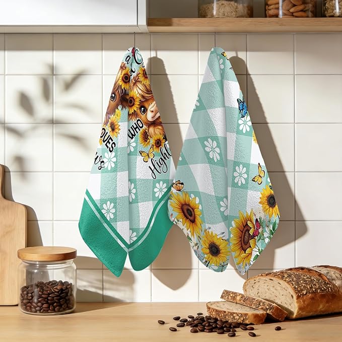 Highland Cow Kitchen Towels Set of 2 - Absorbent Dish Towels for Kitchen Drying, 17x26 Inch Farmhouse Western Cow Dish Towels Sunflower Plaid Design, Housewarming Gifts for Women Cows Lovers