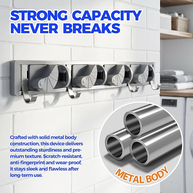 Holikme Mop Broom Holder Wall Mount Metal Pantry Organization and Storage Garden Kitchen Tool Organizer Wall Hanger for Home Goods (4 Positions with 4 Hooks, Silver)