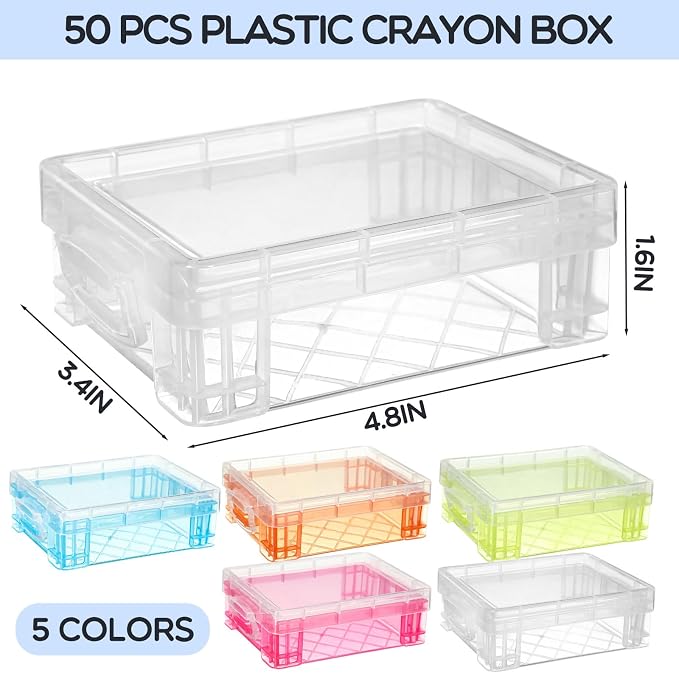 Suzile 50 Pcs Plastic Crayon Box with Lid 4.8 x 3.4 x 1.6, Multi Colors | Small Crayon Storage Containers Bulk, for Office School Classroom, Art Crafts Pen Pencil Organizers, Back to School Supplies