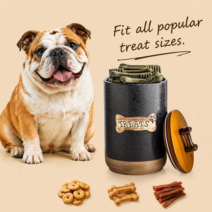 Miamolo Dog Treat Container Jar with Airtight Lid, Keep the Pet Treat Fresh | Ceramic, Cast-iron Handle | Dog Food Storage Canister for Cookie Snack, Kitchen Counter, Dog Lovers Gift, Bone Glinting Black