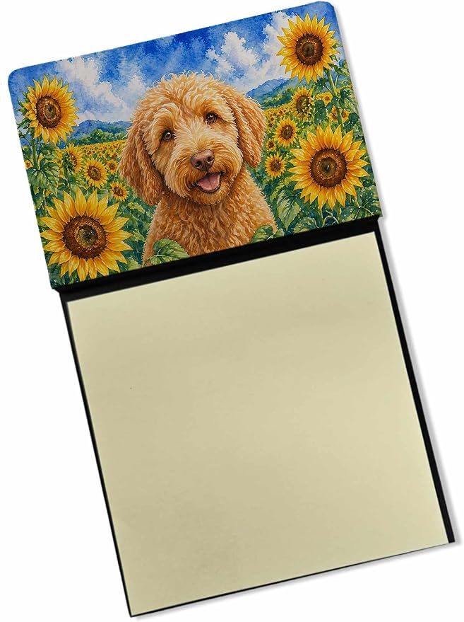 Caroline's Treasures Labradoodle in Sunflowers Watercolor Sticky Note Holder Refillable Dispenser Desk Accessory 3x3 Pad Gift