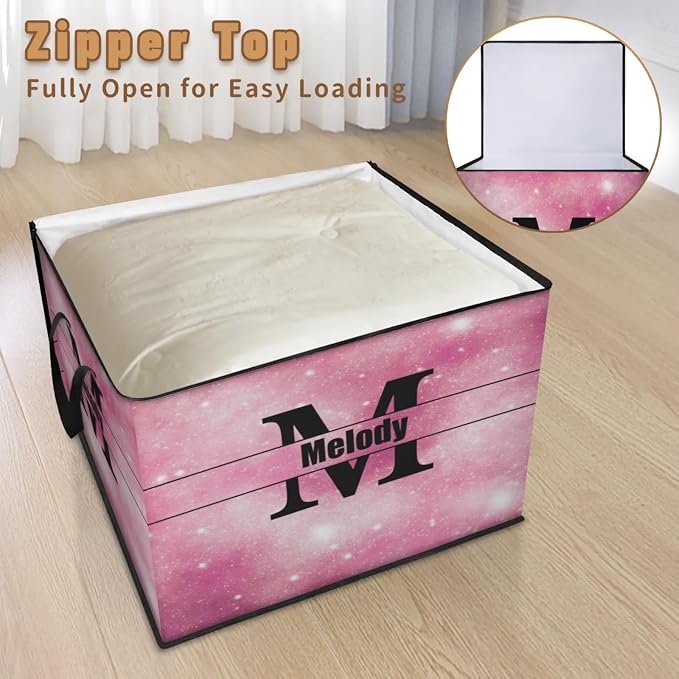 Personalized Extra Large Storage Bins with Lid, Customized Name Jumbo Storage Basket Rectangle Clothes Organizer for Organizing Kids and Pets Toys Shelf Closet, Pink Galaxy with Initial Letter