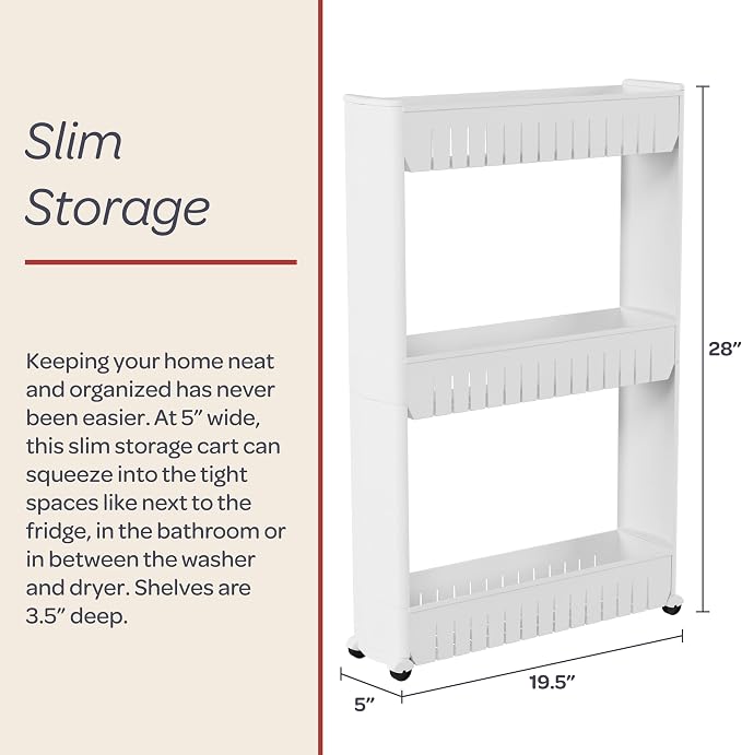 Lavish Home 3 Tier Shelf Rolling Cart, White, 19.5” x 5” x 28”