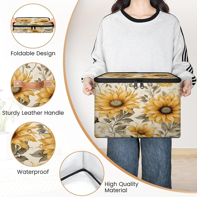 Pardick Flower Sunflower Storage Bins Storage Basket with Zipper Lid & Handle Foldable Storage Box Storage Cube Bin Clothes Organizer for Closet, Bedroom