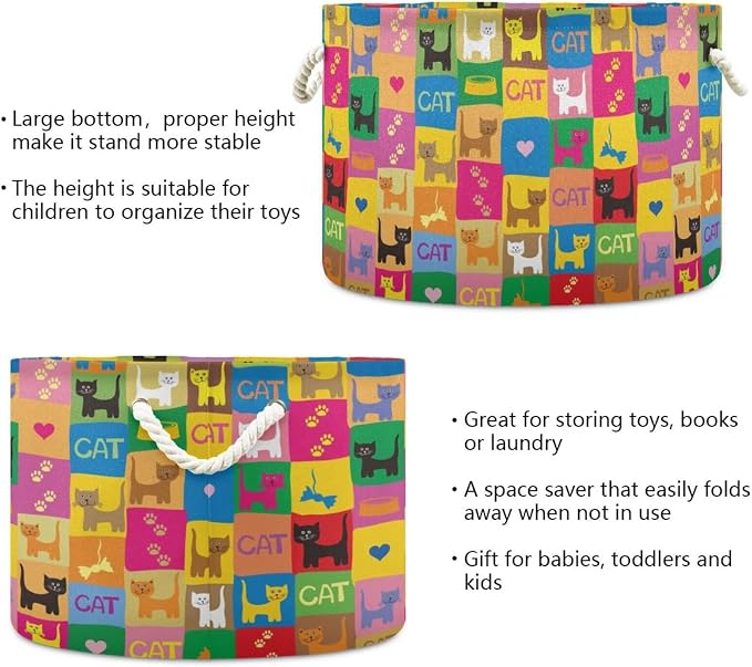 Colorful Cat Print Collapsible Round Storage Basket with Handles | Pet Kitten Paild Large Laundry Baskets Hamper, Clothes Organizer Bin for Nursery Bedroom Living Room Decor, 20x 20x 14 Inches