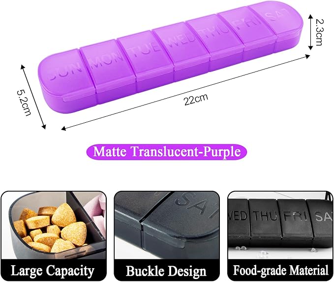Weekly Pill Organizer, Once a Day, 7-Day Pill Box Container Tablet | Matte Purple, Large 7 Compartment Vitamins Case Pill Dispenser for Medicine, Medication, Fish Oils, Supplements, Capsule