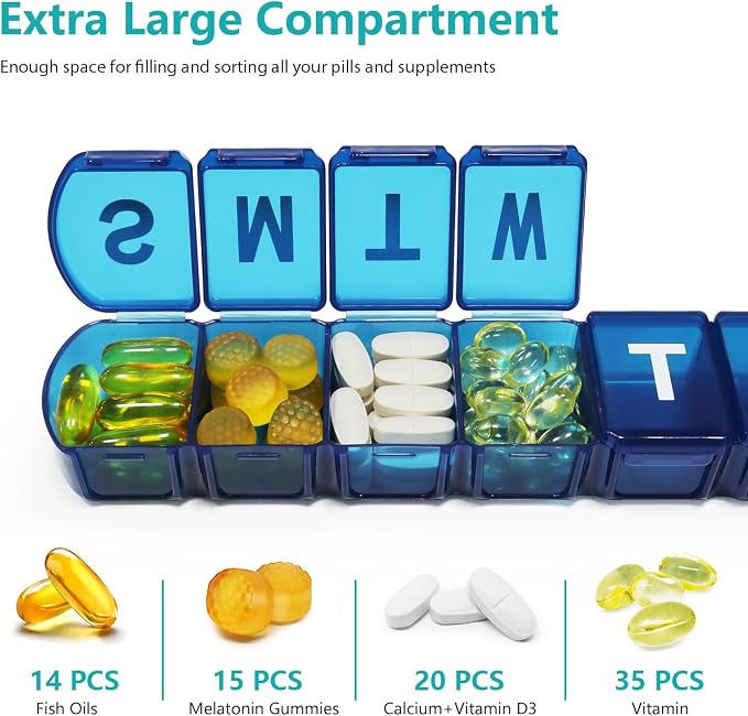 Extra Large Weekly Pill Box Organizer 7 Day, MOLN HYMY 1 Week Jumbo Pill Dispenser Case One Time a Day, Daily Medicine Container to Hold Medication, Vitamins, Fish Oils and Supplement (Blue