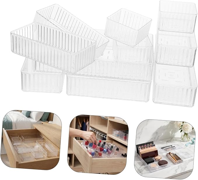 10pcs Stackable Drawer Organizer Trays Set with Removable Dividers, 4 Sizes Pet Storage Bins for Kitchen Gadgets and Jewelry, Flexible Combination for Bathroom Counter and Vanity