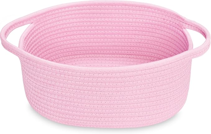 ABenkle Small Basket with Handles, Boho Decorative Rope Woven Dog Cat Toy Storage Bin Shelf Storage Organizer, Easter Christmas Gift Basket, 12"x8"x5", Pink