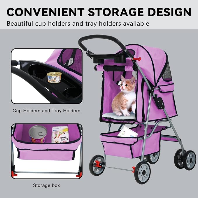 Dog Cat Stroller 4-Wheel pet Running cart, Foldable Waterproof pet Stroller with Cup Holder and Removable Lining, Suitable for Small Pets Suitable for Small and Medium-Sized pet Accessories (Pink)