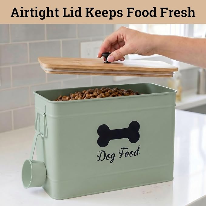 Metal Dog Food Container 15-20 lbs w/ Airtight Bamboo Lid, 70 Cup Capacity | Pet Jar For Dogs up to 100lbs, Airtight Bamboo Lid, Sturdy Comfortable Metal Handle, Powder Coated Iron, Kibble Storage Bin