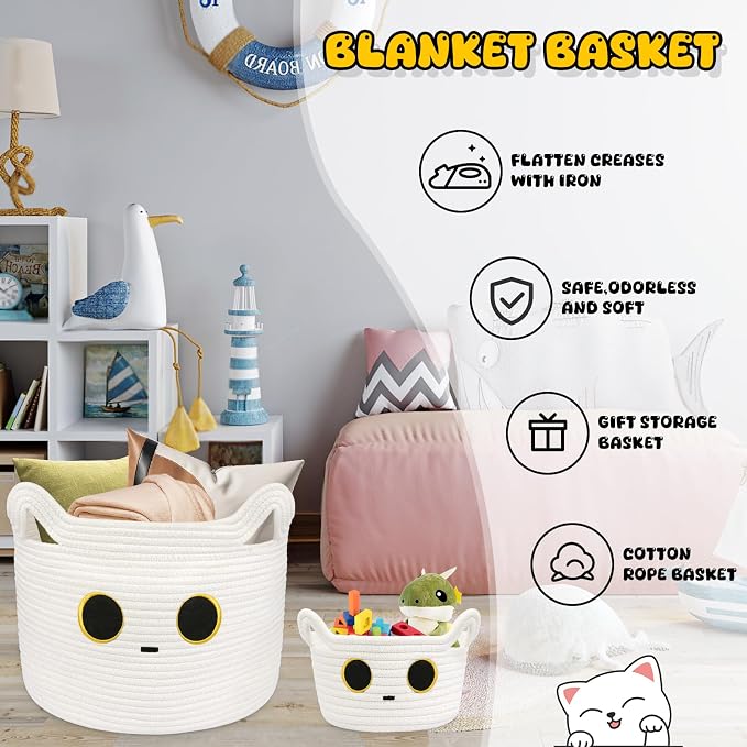 Small Storage Cute White Cat Cotton Rope Woven Basket for Nursery | Blanket Basket Baby Toy Storage Organizer With Ears for Gifts Cat Dog Bin Toys 8.5×4.5 inches