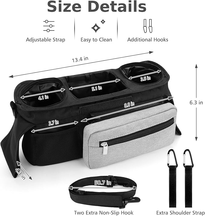 Accmor Universal Stroller Organizer with Insulated Cup Holder Detachable Phone Bag and Shoulder Strap,Stroller Bag Caddy Organizer for Uppababy, Baby Jogger, Britax Strollers