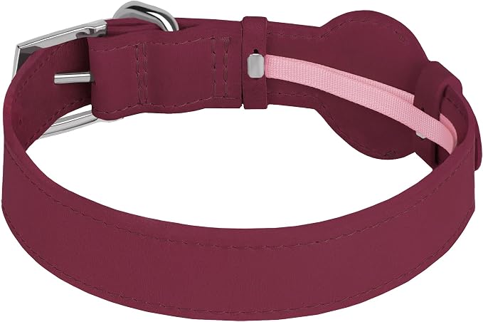 Leather Dog Collar with Airtag Holder - Apple Air Tag Dog Collars - Soft Tracking GPS Pet Collar for Small Medium Large Dogs Breed Puppy (Burgundy, S, 9"-12" Neck Fit)