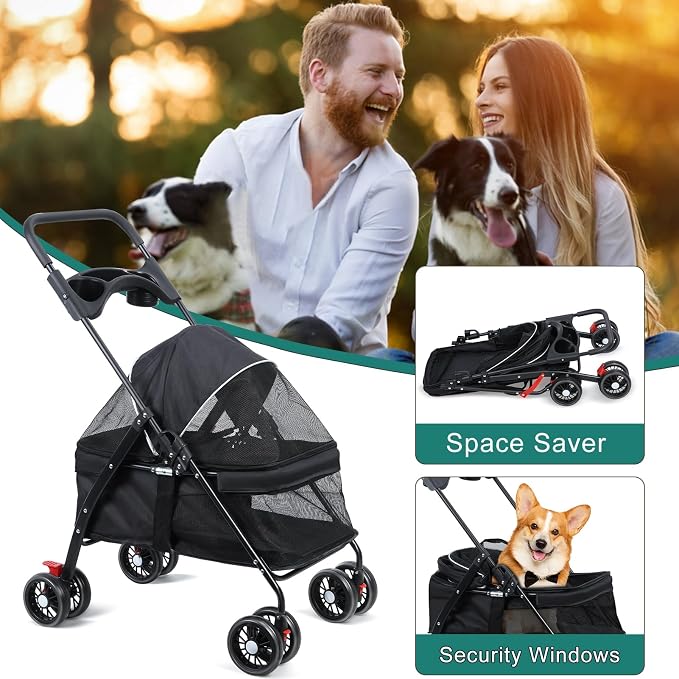 4-Wheel Pet Stroller, Dog and Cat Stroller, Breathable Visible Mesh, Lightweight Travel Carrier, Waterproof & Foldable Design, Storage Organizer and Cup Holder, for Daily Walks & Outdoor Use Black