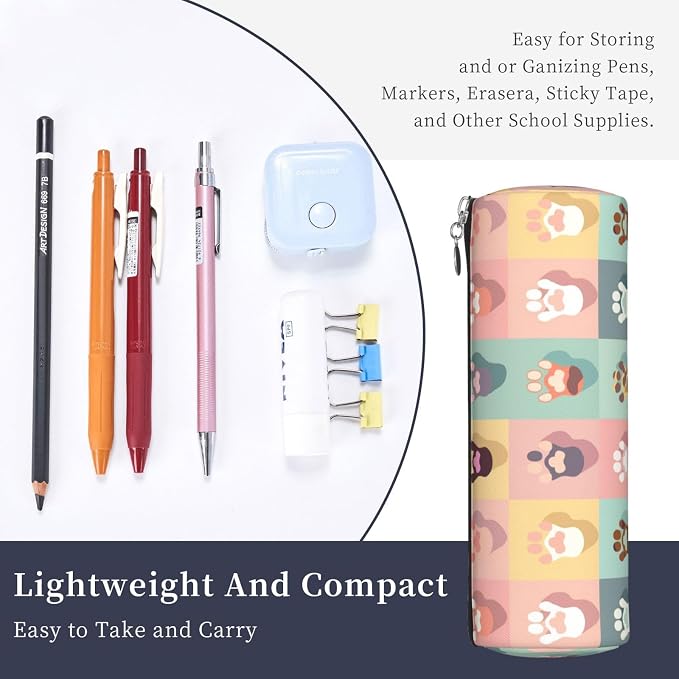 OSAM SPACE Leather Pencil Case Round Pencil Bag Cute Pet Paw Pen Organizer Holder Portable Zipper Pouch Cute School Supplies for Girls Boys Study Office
